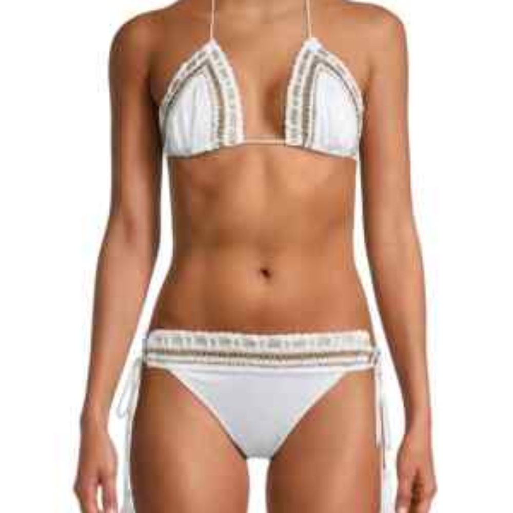 Ramy Brook White and Gold Bikini with Crochet Metallic Accents